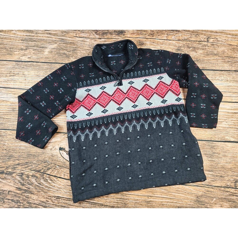 VTG Catalina Womens L/XL Fair Isle Fleece Pullover Sweater Long Slv Black Jacket
